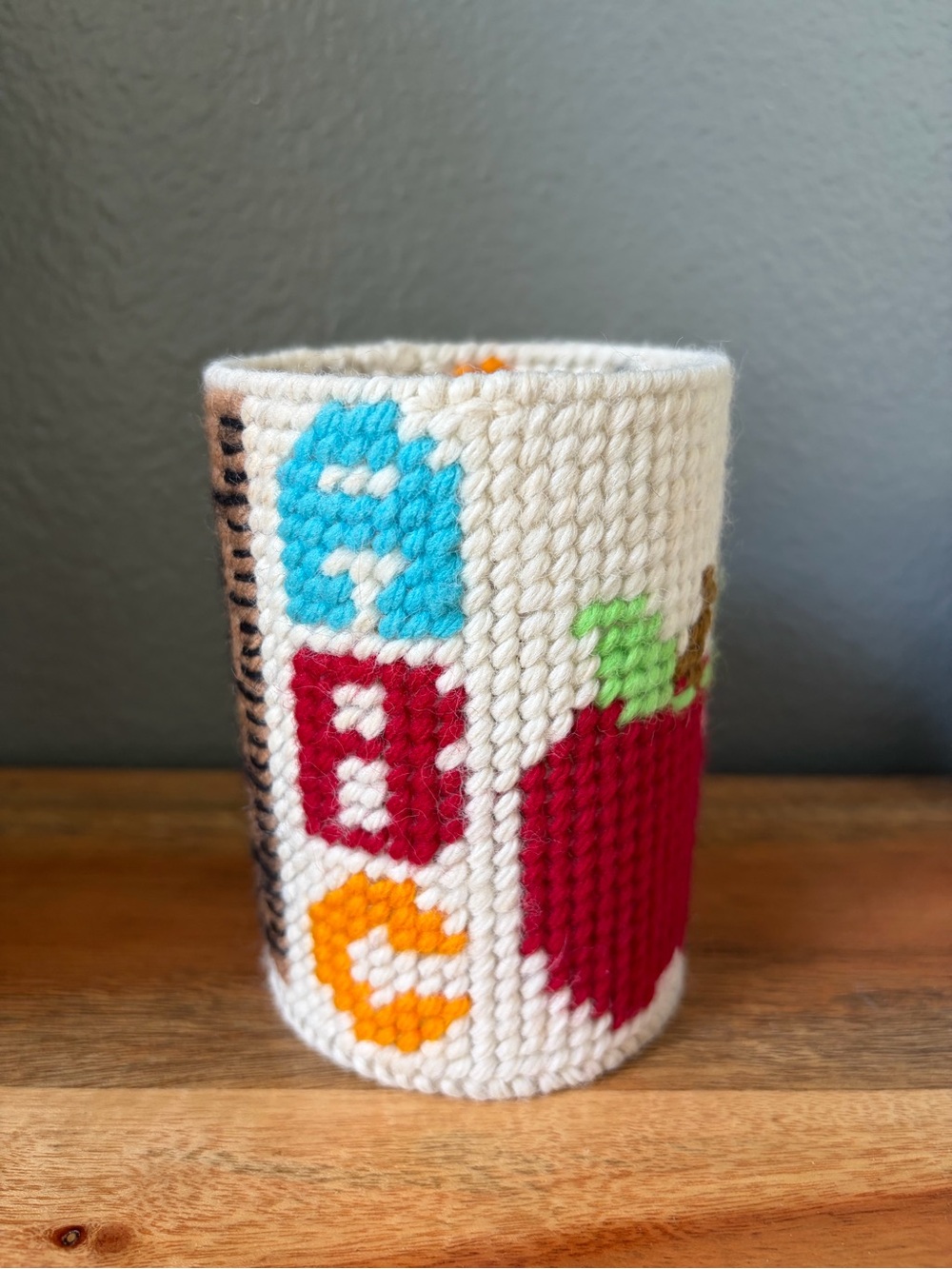 Handmade Cream Cross-Stitch Pencil Holder 
Free Apple Keychain 
Teacher Gift